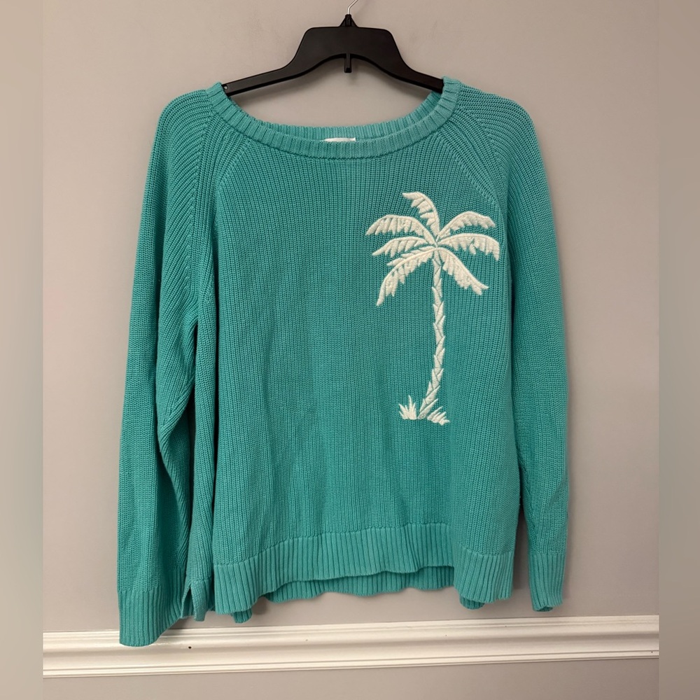 Belle by Kim Gravel Teal Sweater with White Palm Tree